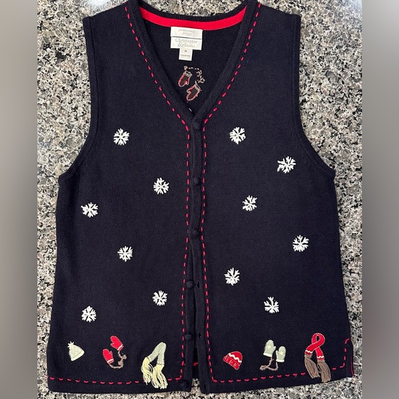🎄VTG Christopher & Banks Hand Embroidered Christmas Knit Sweater Vest Size Med - Picture 1 of 16